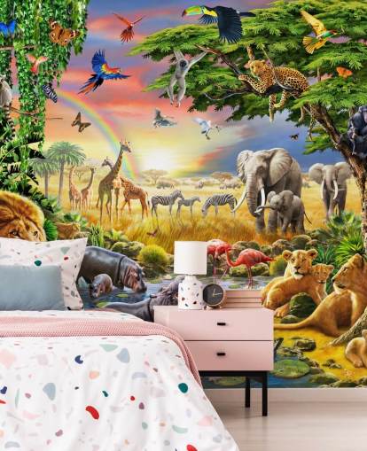 colorido mural de papel pintado de animales personalizable llamado Waterhole de Adrian Chesterman para dormitorio infantil