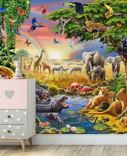 colorido mural de papel pintado de animales personalizable llamado Waterhole de Adrian Chesterman para dormitorio infantil