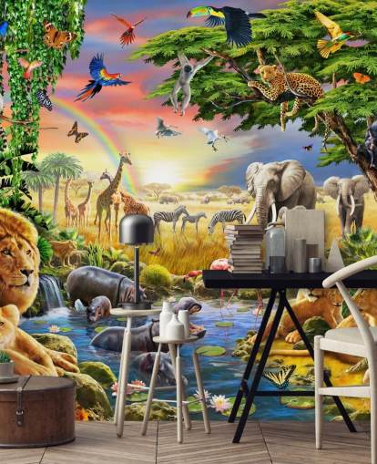 colorido mural de papel pintado de animales personalizable llamado Waterhole de Adrian Chesterman para dormitorio infantil