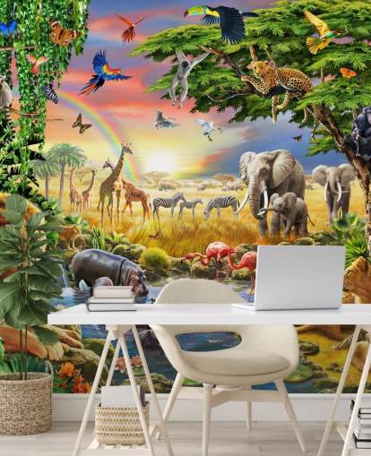 papier peint animalier coloré personnalisable appelé Waterhole par Adrian Chesterman pour la chambre d'enfant