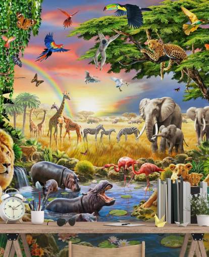 colorful customizable animal wallpaper mural called Waterhole by Adrian Chesterman for child's bedroom