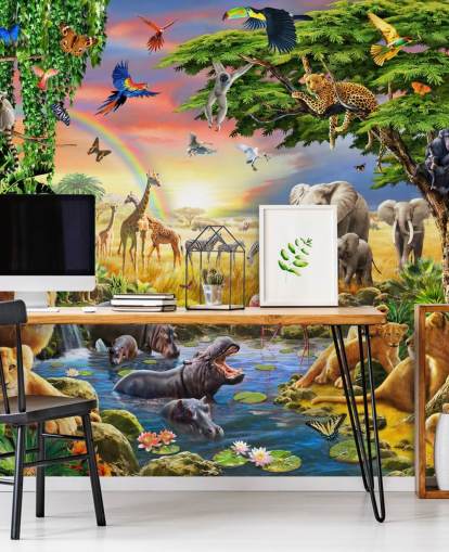 carta da parati murale colorata personalizzabile con animali chiamata Waterhole di Adrian Chesterman per la cameretta dei bambini