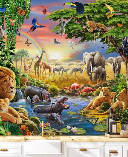 colorido mural de papel pintado de animales personalizable llamado Waterhole de Adrian Chesterman para dormitorio infantil colorido mural de papel pintado de animales personalizable llamado Waterhole de Adrian Chesterman para dormitorio infantil