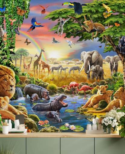 colorido mural de papel pintado de animales personalizable llamado Waterhole de Adrian Chesterman para dormitorio infantil