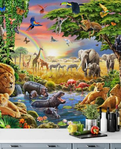 colourful customisable animal wallpaper mural called Waterhole by Adrian Chesterman for child's bedroom