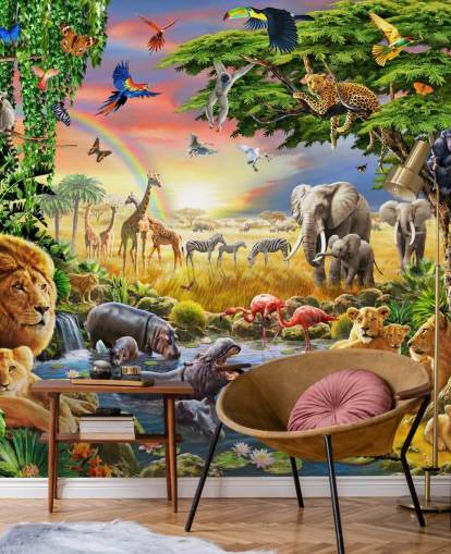 colourful customisable animal wallpaper mural called Waterhole by Adrian Chesterman for child's bedroom colourful customisable animal wallpaper mural called Waterhole by Adrian Chesterman for child's bedroom