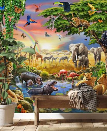 colorido mural de papel pintado de animales personalizable llamado Waterhole de Adrian Chesterman para dormitorio infantil colorido mural de papel pintado de animales personalizable llamado Waterhole de Adrian Chesterman para dormitorio infantil