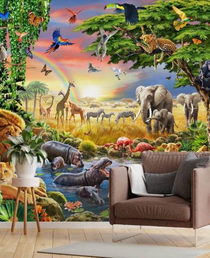 Buntes personalisierbares Tapetenbild mit Tiermotiv namens Waterhole von Adrian Chesterman für das Kinderzimmer