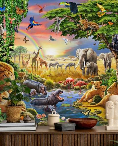 mural colorido de papel de parede de animais personalizável chamado Waterhole de Adrian Chesterman para quarto de criança mural colorido de papel de parede de animais personalizável chamado Waterhole de Adrian Chesterman para quarto de criança