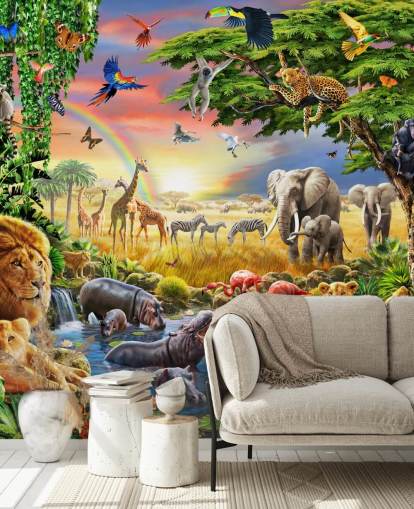 carta da parati murale colorata personalizzabile con animali chiamata Waterhole di Adrian Chesterman per la cameretta dei bambini