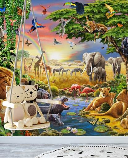 carta da parati murale colorata personalizzabile con animali chiamata Waterhole di Adrian Chesterman per la cameretta dei bambini