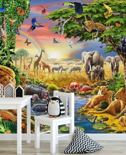 colorido mural de papel pintado de animales personalizable llamado Waterhole de Adrian Chesterman para dormitorio infantil