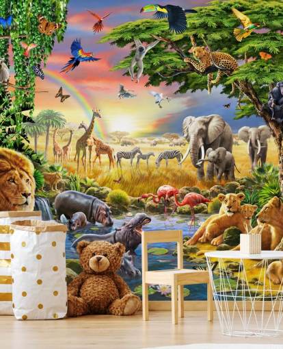 papier peint animalier coloré personnalisable appelé Waterhole par Adrian Chesterman pour la chambre d'enfant