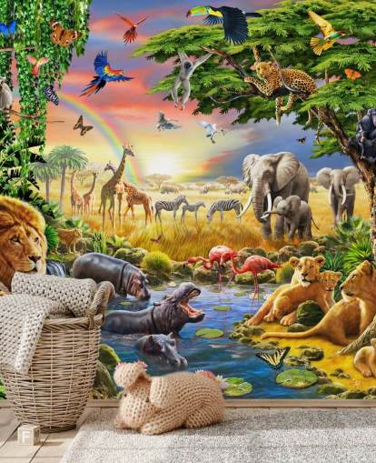 Buntes personalisierbares Tapetenbild mit Tiermotiv namens Waterhole von Adrian Chesterman für das Kinderzimmer