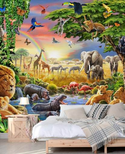 Buntes personalisierbares Tapetenbild mit Tiermotiv namens Waterhole von Adrian Chesterman für das Kinderzimmer