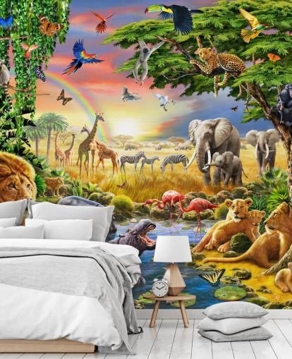 Buntes personalisierbares Tapetenbild mit Tiermotiv namens Waterhole von Adrian Chesterman für das Kinderzimmer