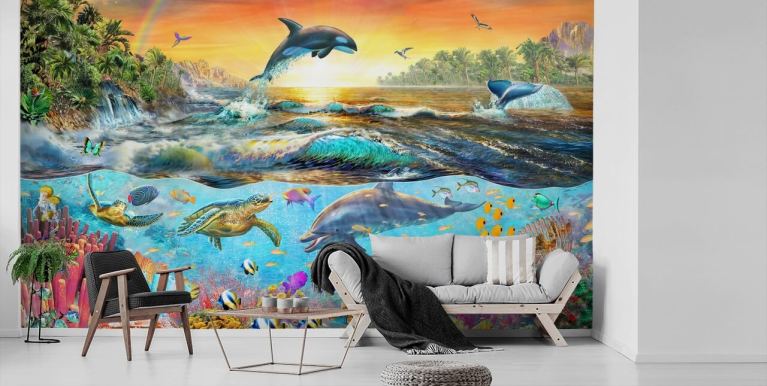 Mural de papel pintado con delfines, corales y peces tropicales, tamañ –  Maughon's