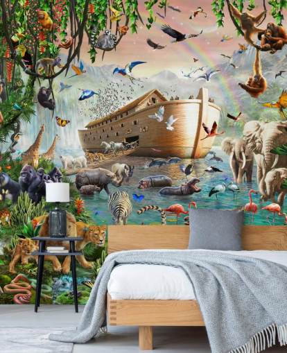 Adrian Chestermanin värikäs mukautettu eläintaustakuvamaalaus nimeltä Noah's Ark Jumbo lasten makuuhuoneisiin