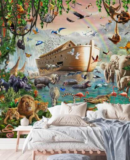 colourful custom animal wallpaper mural called Noah’s Ark Jumbo by Adrian Chesterman for children's bedrooms
