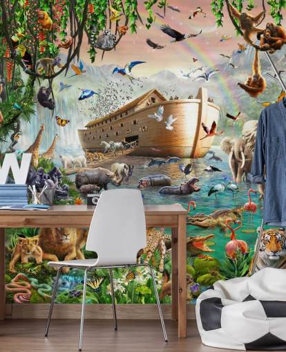 colorful custom animal wallpaper mural called Noah’s Ark Jumbo by Adrian Chesterman for children's bedrooms