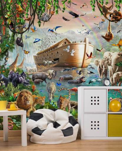 mural colorido de papel de parede de animais personalizado chamado Noah's Ark Jumbo de Adrian Chesterman para quartos infantis