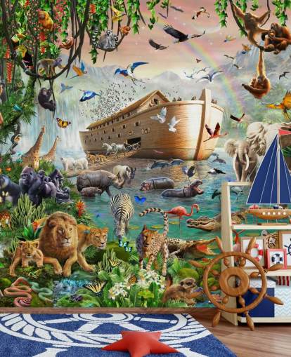fargerikt tilpasset dyretapet veggmaleri kalt Noah's Ark Jumbo av Adrian Chesterman for barnas soverom