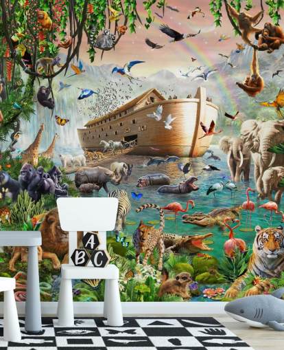 kleurrijke op maat gemaakte dierenbehangmuurschildering genaamd Noah's Ark Jumbo van Adrian Chesterman voor kinderkamers kleurrijke op maat gemaakte dierenbehangmuurschildering genaamd Noah's Ark Jumbo van Adrian Chesterman voor kinderkamers
