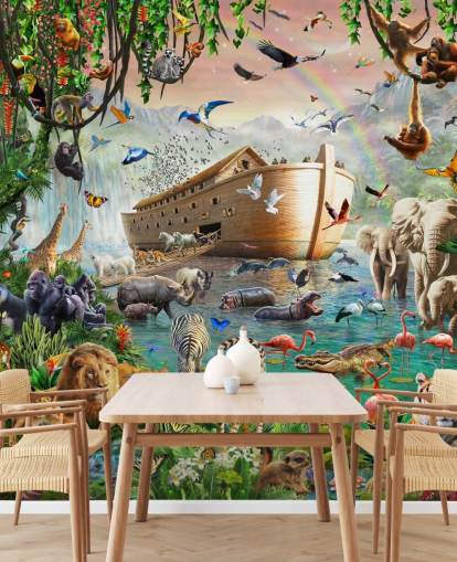 colorful custom animal wallpaper mural called Noah’s Ark Jumbo by Adrian Chesterman for children's bedrooms