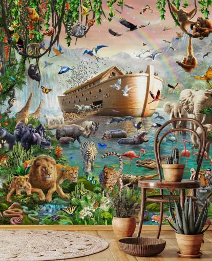 colorido mural de papel pintado de animales personalizado llamado Noah's Ark Jumbo de Adrian Chesterman para dormitorios infantiles