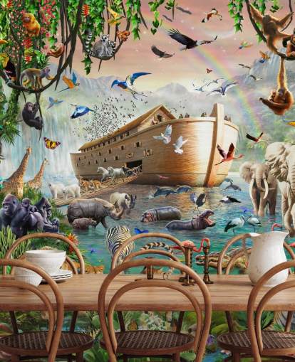 Adrian Chestermanin värikäs mukautettu eläintaustakuvamaalaus nimeltä Noah's Ark Jumbo lasten makuuhuoneisiin