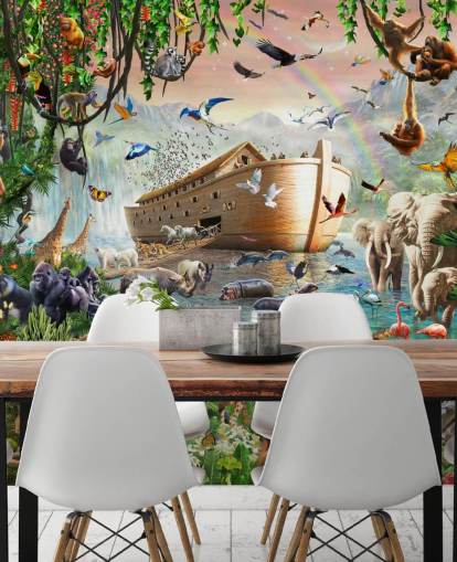 colorido mural de papel pintado de animales personalizado llamado Noah's Ark Jumbo de Adrian Chesterman para dormitorios infantiles