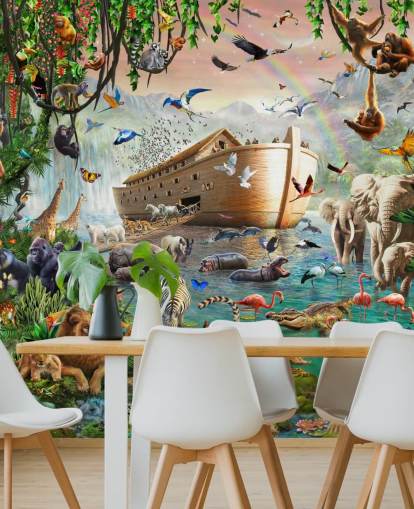 colorful custom animal wallpaper mural called Noah’s Ark Jumbo by Adrian Chesterman for children's bedrooms