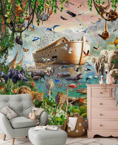 färgglad anpassad djurtapet väggmålning som heter Noah's Ark Jumbo av Adrian Chesterman för barnens sovrum