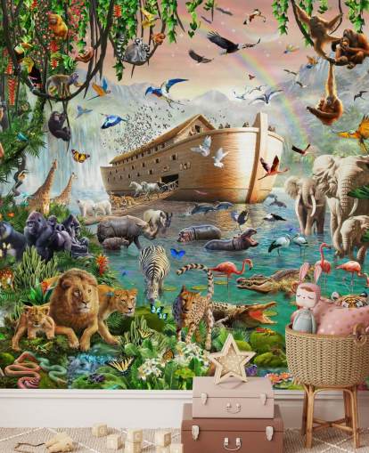 Adrian Chestermanin värikäs mukautettu eläintaustakuvamaalaus nimeltä Noah's Ark Jumbo lasten makuuhuoneisiin
