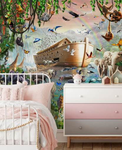 colorful custom animal wallpaper mural called Noah’s Ark Jumbo by Adrian Chesterman for children's bedrooms