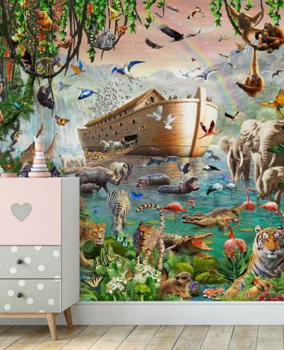 farverigt brugerdefineret dyretapet vægmaleri kaldet Noah's Ark Jumbo af Adrian Chesterman til børns soveværelser