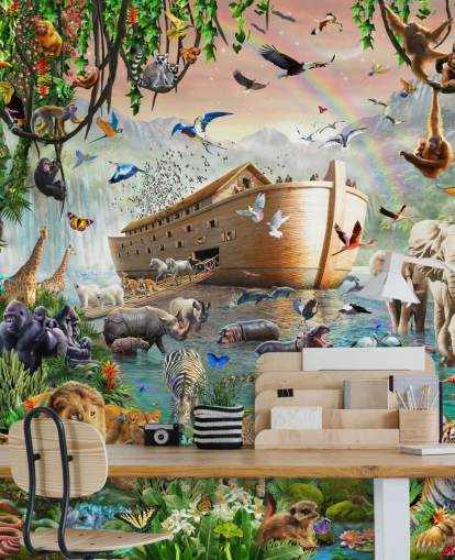 colorido mural de papel pintado de animales personalizado llamado Noah's Ark Jumbo de Adrian Chesterman para dormitorios infantiles colorido mural de papel pintado de animales personalizado llamado Noah's Ark Jumbo de Adrian Chesterman para dormitorios infantiles