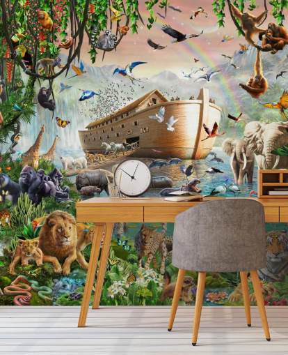 colorido mural de papel pintado de animales personalizado llamado Noah's Ark Jumbo de Adrian Chesterman para dormitorios infantiles