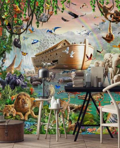 colorido mural de papel pintado de animales personalizado llamado Noah's Ark Jumbo de Adrian Chesterman para dormitorios infantiles