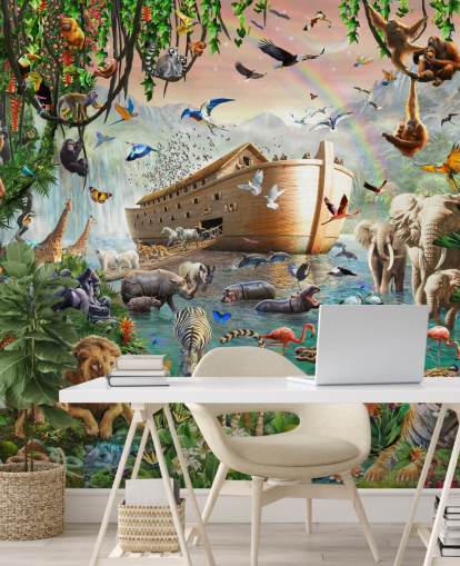 colorido mural de papel pintado de animales personalizado llamado Noah's Ark Jumbo de Adrian Chesterman para dormitorios infantiles