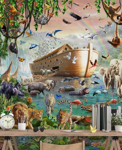 kleurrijke op maat gemaakte dierenbehangmuurschildering genaamd Noah's Ark Jumbo van Adrian Chesterman voor kinderkamers kleurrijke op maat gemaakte dierenbehangmuurschildering genaamd Noah's Ark Jumbo van Adrian Chesterman voor kinderkamers