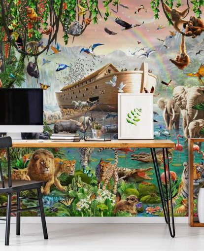 colourful custom animal wallpaper mural called Noah’s Ark Jumbo by Adrian Chesterman for children's bedrooms