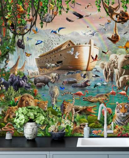 colorful custom animal wallpaper mural called Noah’s Ark Jumbo by Adrian Chesterman for children's bedrooms colorful custom animal wallpaper mural called Noah’s Ark Jumbo by Adrian Chesterman for children's bedrooms