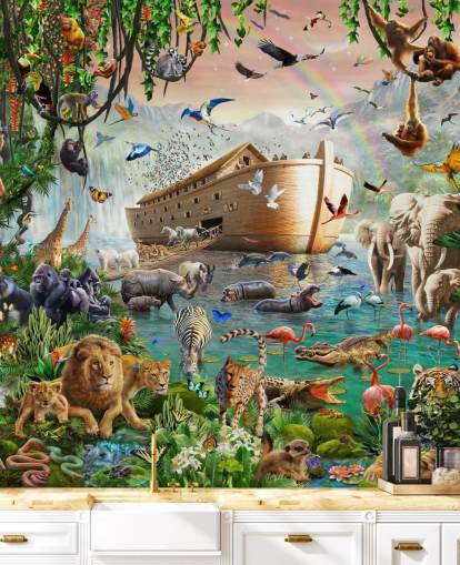 colorful custom animal wallpaper mural called Noah’s Ark Jumbo by Adrian Chesterman for children's bedrooms
