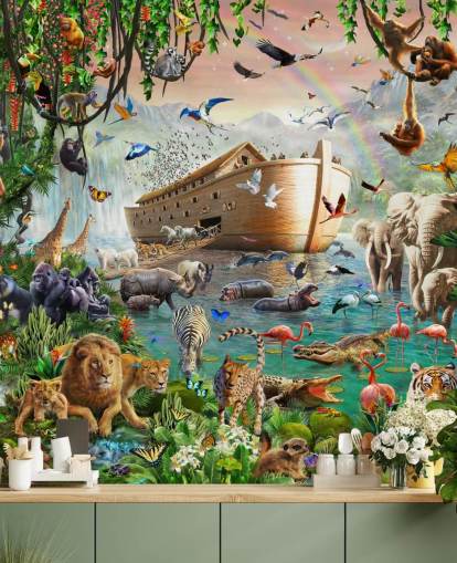 colorido mural de papel pintado de animales personalizado llamado Noah's Ark Jumbo de Adrian Chesterman para dormitorios infantiles