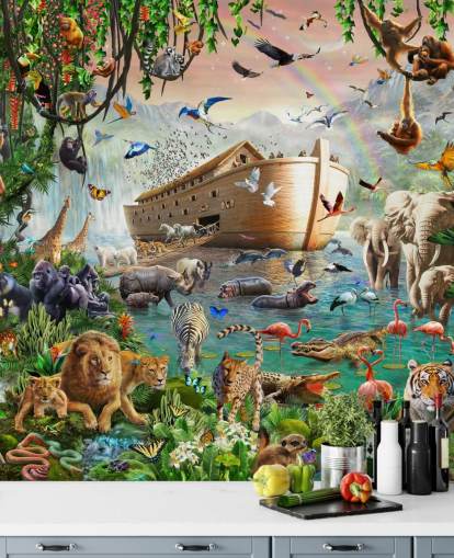 colorido mural de papel pintado de animales personalizado llamado Noah's Ark Jumbo de Adrian Chesterman para dormitorios infantiles