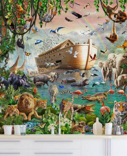 kleurrijke op maat gemaakte dierenbehangmuurschildering genaamd Noah's Ark Jumbo van Adrian Chesterman voor kinderkamers kleurrijke op maat gemaakte dierenbehangmuurschildering genaamd Noah's Ark Jumbo van Adrian Chesterman voor kinderkamers