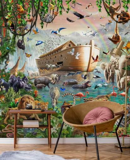 kleurrijke op maat gemaakte dierenbehangmuurschildering genaamd Noah's Ark Jumbo van Adrian Chesterman voor kinderkamers