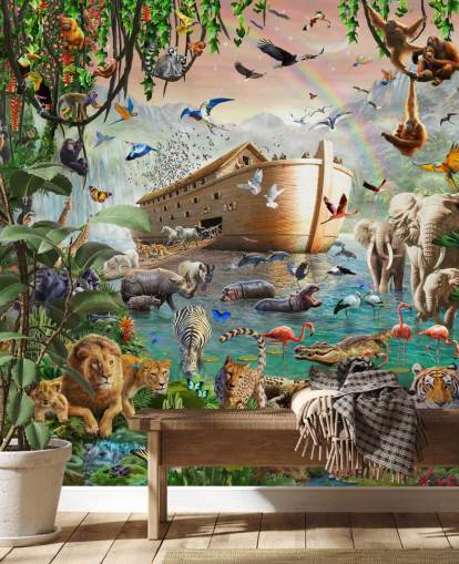 carta da parati murale colorata personalizzata con animali chiamata Noah's Ark Jumbo di Adrian Chesterman per le camerette dei bambini
