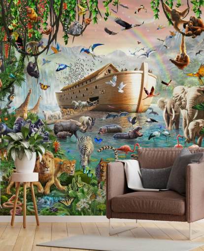 kleurrijke op maat gemaakte dierenbehangmuurschildering genaamd Noah's Ark Jumbo van Adrian Chesterman voor kinderkamers